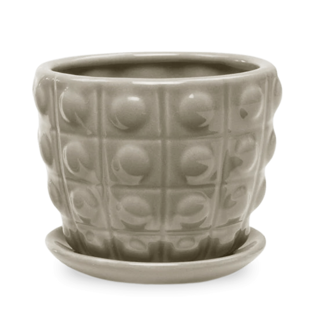 Convex Ceramic Pot With Drainage Hole And Saucer - Chive UK